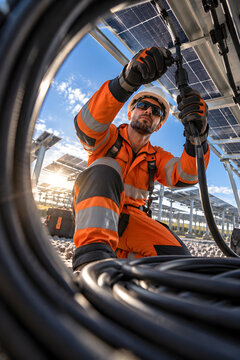 Solar electrical maintenance framed naturally by a cable coil.