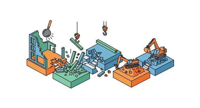 Construction machinery and excavators work on a building demolition site with cranes and falling debris.