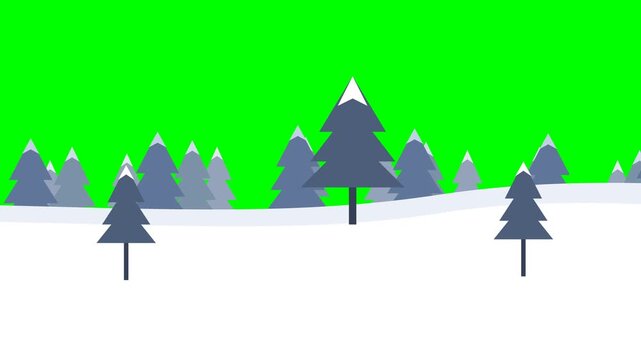 Professional 4K animated winter landscape featuring multiple depth layers of pine trees with atmospheric aerial perspective fading (lighter color for farther distance), static background, enhanced zoo