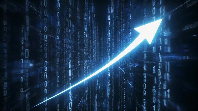 Blue glowing arrow charts ascend through digital data streams representing financial growth during a dark night