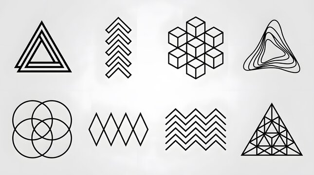 Set of black geometric line art symbols arranged on a plain white background