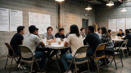 Fototapeta premium Diverse startup team plans project strategy around folding tables in bare warehouse. Young employees brainstorm ideas, eat takeout food, and review org chart on wall. Casual meeting.