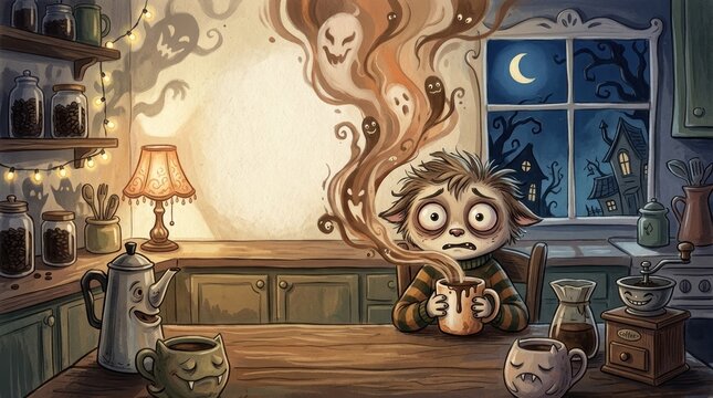 Whimsical dark illustration of jittery character with caffeine anxiety in midnight kitchen with ghostly coffee steam and copy space.