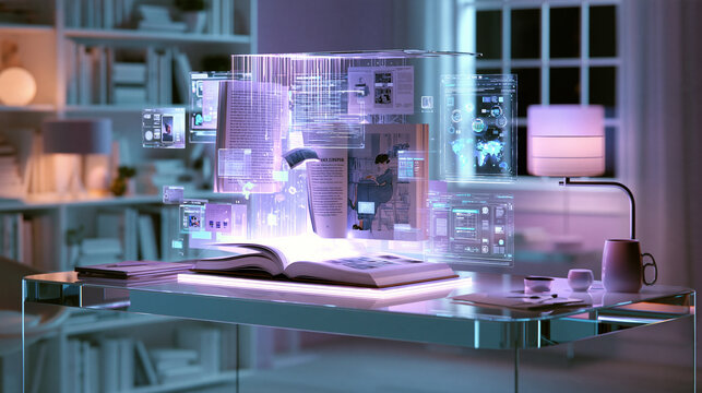 Magical open book floating and projecting holographic digital pages and media interfaces in a cozy room   
