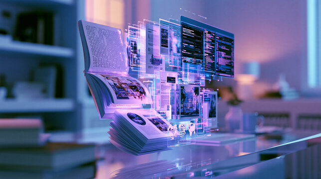 Magical open book floating and projecting holographic digital pages and media interfaces in a cozy room   
