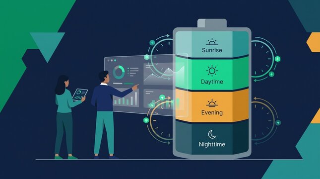 Flat Digital Illustration Of Professionals Analyzing An Energy Storage Battery Cycle