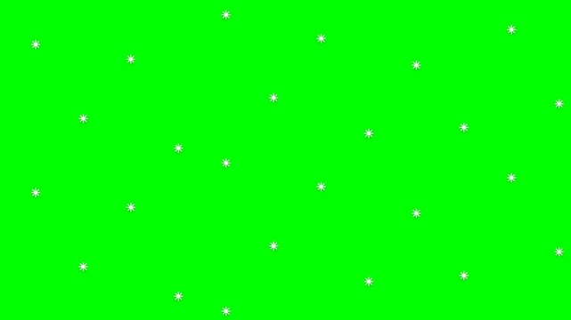 Professional 4K animated minimalist paper cutout tiny falling snowflakes cascading vertically in a gentle, staggered pattern with soft drop shadows isolated on pure chroma key green screen background.