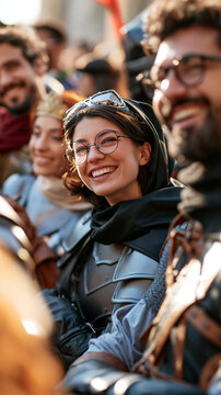 Group of friends in elaborate fantasy roleplay costumes smiling at a themed event, cosplay convention party, imaginative costume celebration, with copy space
