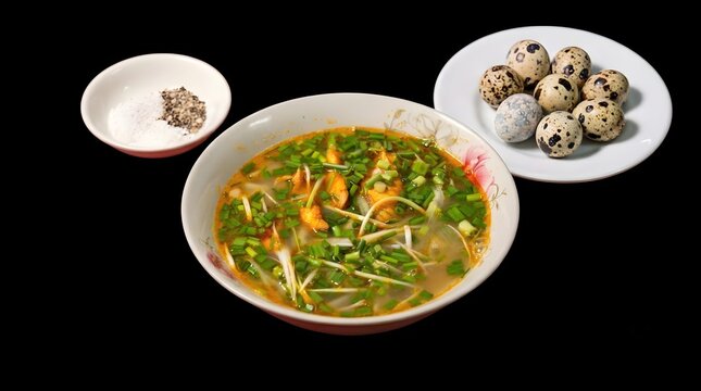 B&aacute;nh canh c&aacute; l&oacute;c (Vietnamese snakehead fish thick noodle soup) served in a traditional floral ceramic bowl.