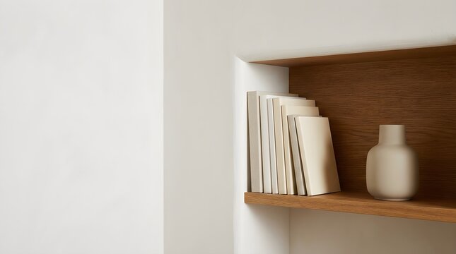 Side angle view of clean white recessed wall niche featuring natural oak wooden shelf decorated with stacked notebooks and ceramic vase. 