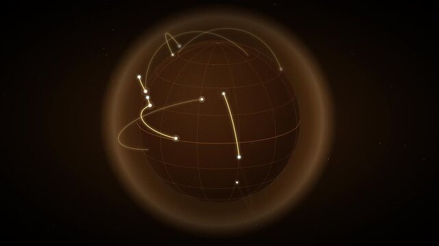 Abstract Digital Global Network with Glowing Curved Connection Lines and Nodes Around Sphere