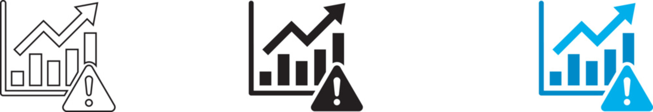 Growth chart icon set with warning alert symbol