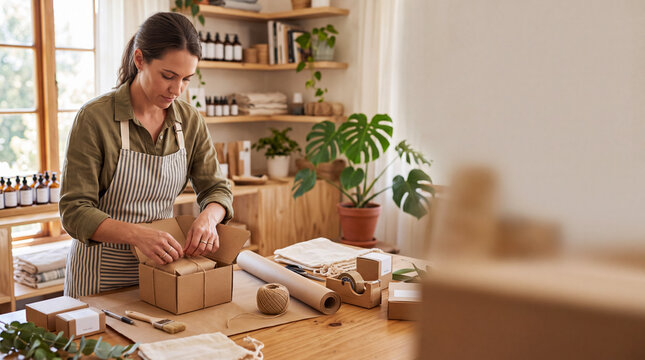 Female small business owner tying string around parcel box with eco friendly materials