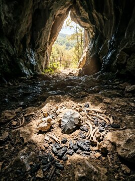 Stone age camp artifacts with animal bones and knapped flint tool inside a prehistoric limestone cave entrance with natural daylight illumination