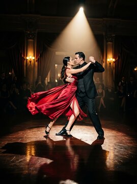 Elegant couple dancing tango in a ballroom under dramatic spotlight with flowing red dress and professional choreography style performance full shot