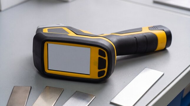 Yellow handheld industrial testing device with blank screen on laboratory desk