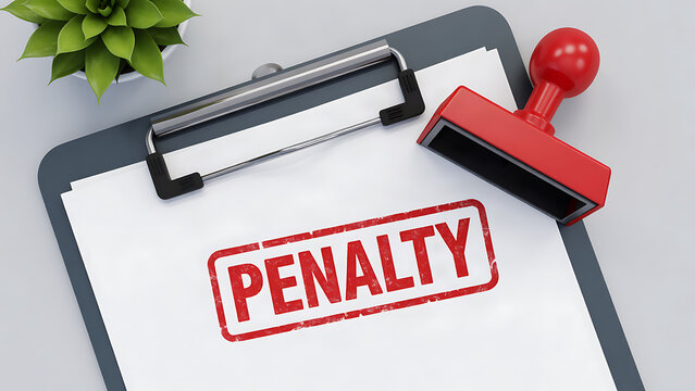 Red penalty stamp on clipboard with professional office background