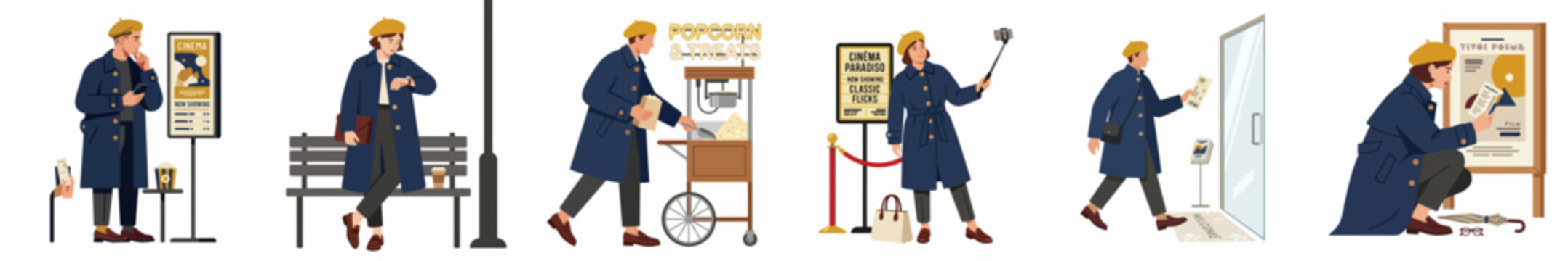 Set of flat vector illustrations featuring a stylish woman enjoying a night out at the cinema, from buying popcorn to taking selfies.