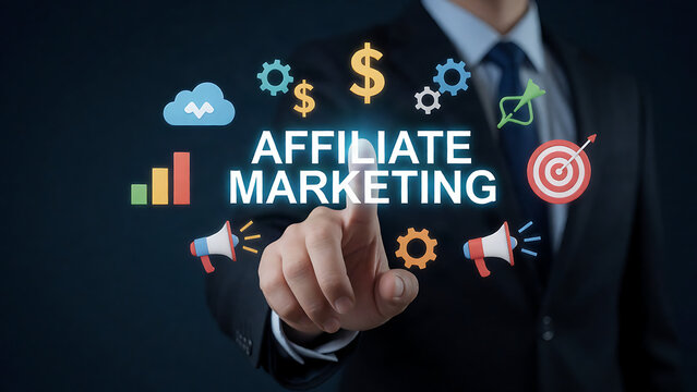 Professional hand pressing affiliate marketing button with digital icons and analytics chart
