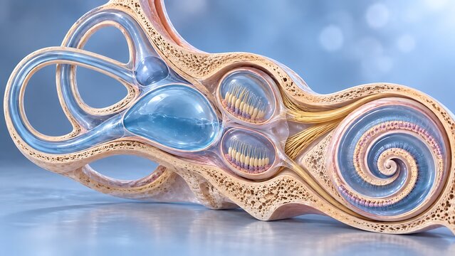 Detailed inner ear anatomy showing cochlea, vestibular apparatus, and semicircular canals