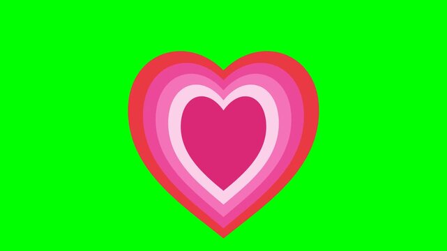 Professional 4K animated concentric layered paper cutout heart featuring precise pink and red nesting heart layers isolated on pure chroma key green screen background.