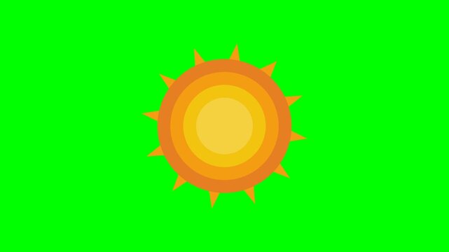Professional 4K animated paper cutout sun featuring concentric layered yellow-to-orange circles and sharp triangular sun rays isolated on pure chroma key green screen background.