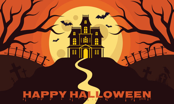 Happy Halloween banner background with haunted house path full moon fence graveyard and bats vector illustration