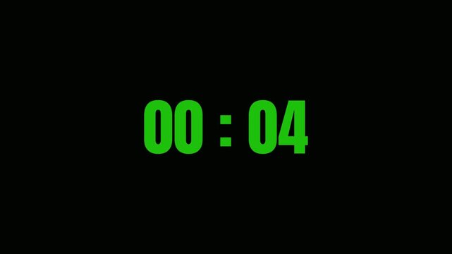 Green digital countdown timer display counting down seconds on a solid black background for video