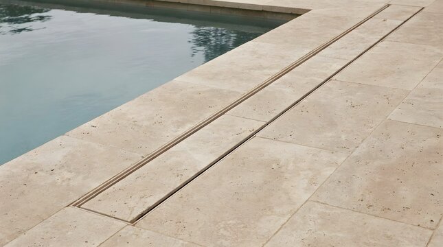 Perspective view of modern concealed slot linear floor drain tile insert installed along travertine stone deck of outdoor swimming pool. 