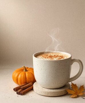 A steaming hot mug of pumpkin spice latte with cinnamon sticks and a small pumpkin on a table