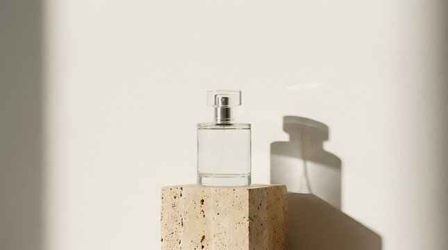 Clear glass perfume bottle placed on a natural travertine stone pedestal against a beige background