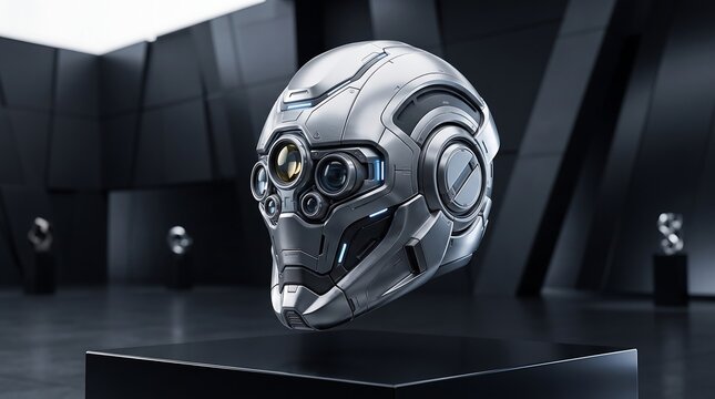 Futuristic cyberpunk robotic helmet 3D render with chrome and metallic armor details in a sleek sci-fi interior gallery