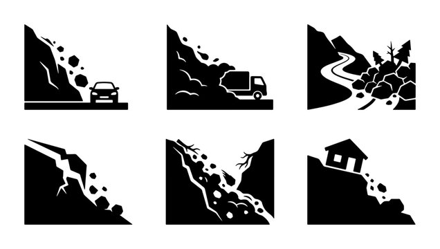 Landslide Icons Set: Natural Disaster, Danger, and Hazard Symbols for Safety and Risk Management