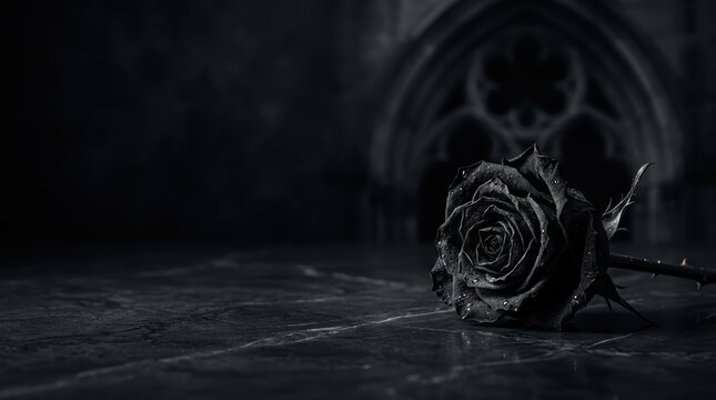 Single black velvet rose with dew drops on dark marble, gothic arch background, minimalist luxury composition with copy space