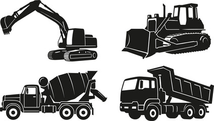 Construction Machinery Excavator Bulldozer Cement Mixer and Dump Truck Silhouette Vector Set © MstAnjuAra