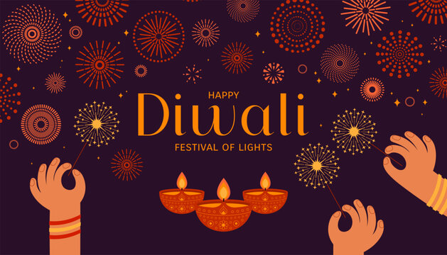 Diwali, hands holding sparklers, fireworks illustration. Indian festival of lights Dipavali beautiful design with text for banner, poster, card. Hindu holiday celebration. Vector elements