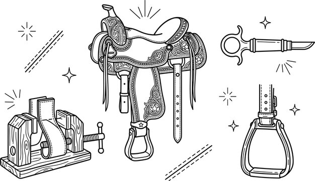 Western Saddle Leather Working Clamp Knife and Stirrup Line Art Vector Set