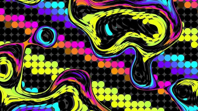 Vibrant 3d abstract form background waves flow in mesmerizing fluid motion background. Pop Art polka dot pattern style loop funky