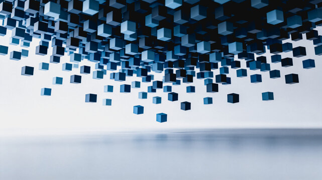 3D rendered geometric cubes float in a minimalist light space, forming an abstract digital composition.