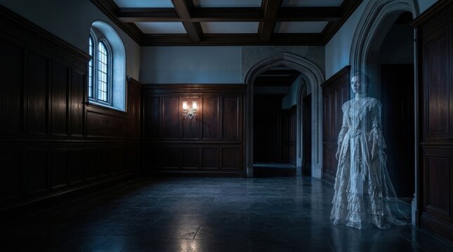 Ethereal Victorian Ghost in Haunted Mansion Hallway