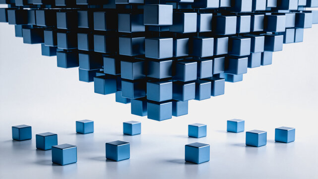 3D rendered geometric cubes form a suspended block structure, with scattered identical cubes on a plain white background, representing digital data and tech concepts.