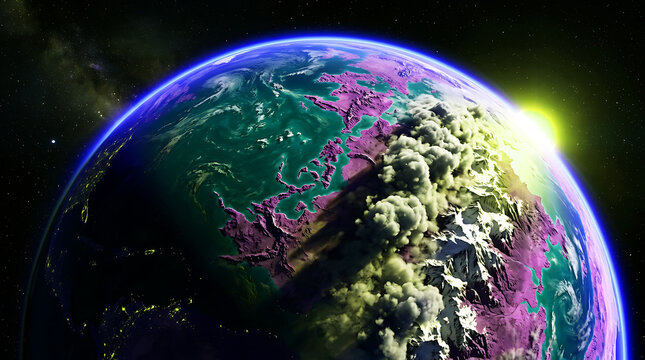 A vibrant alien planet with colorful landscapes and a bright sun rising over the horizon in deep space