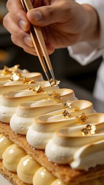 Extreme Close Up Pastry Chef Hands Applying Individual 24k Gold Leaf Flakes To Intricate Piping Confection
