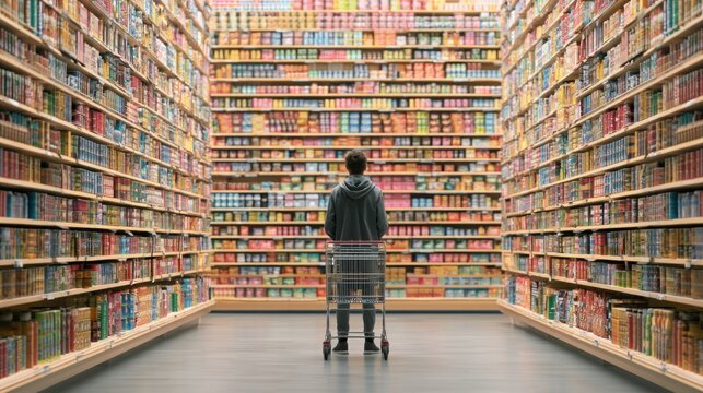Customer standing with a trolley between tall, symmetrical supermarket shelves.