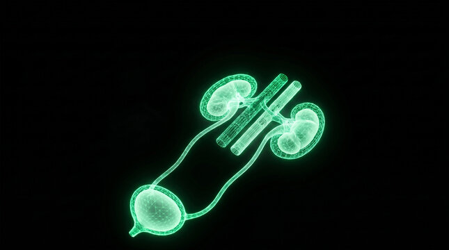 Green wireframe hologram of human urinary system on black background