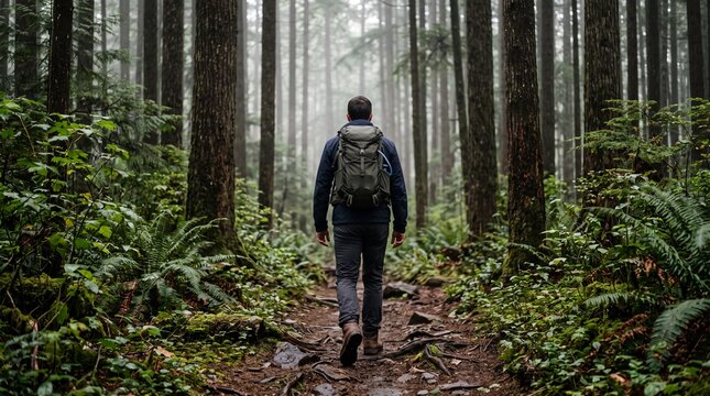 Hiker walking along a trail through a dense, misty pine forest.