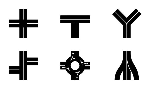Road Intersection Icons, Traffic Junction Symbols, Highway Interchange Vector Set