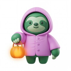 Fototapeta premium Cute 3D green sloth in pink hoodie holding glowing pumpkin lantern