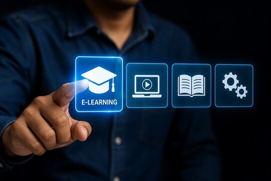Person touching a digital e-learning interface with icons for education and online training