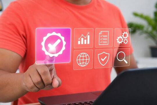 Person touching a holographic checkmark icon representing quality assurance and compliance